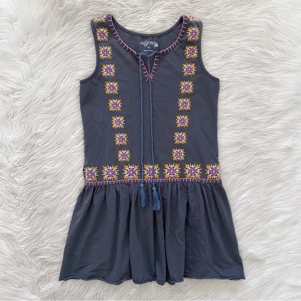 Jak & Peppar Girls Gray Yellow Pink Embroidered Sleeveless Boho Tunic Dress 10
